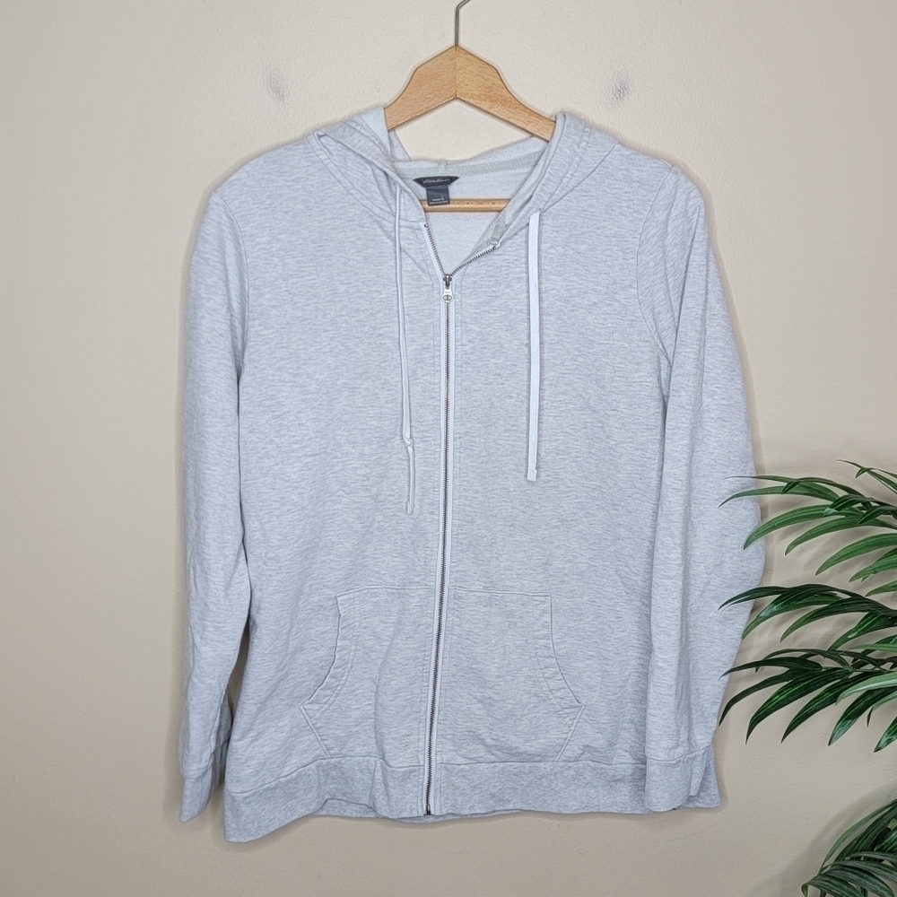 Eddie Bauer Light Gray Zip Front Hooded Sweatshirt Jacket Size Large